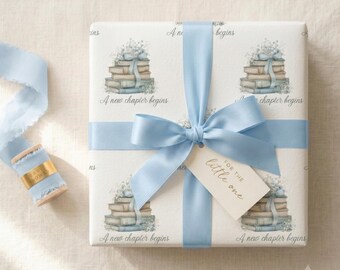 Comienza un nuevo capítulo: Papel de regalo para baby shower de niño / Patrón para amantes de los libros