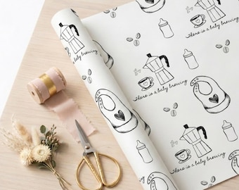 Papel de regalo para bebés con diseño de café, baberos y biberones dibujados a mano (género neutro)