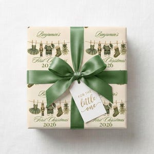 Personalized Nutcracker Baby Shower Wrapping Paper, Sage Green Baby's First Christmas Gift Wrap