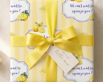 Papel de regalo para baby shower / Rayas de limón cítrico, "No puedo esperar a abrazarte"