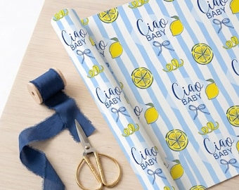 Papel de regalo Ciao Baby / Sprinkle de limonada azul para baby shower de niño