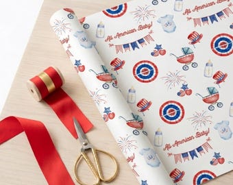 Papel de regalo para baby shower con temática estadounidense / Iconos patrióticos, envoltorio de regalo rojo, blanco y azul.