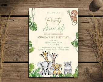 Invitación de cumpleaños de Wild One Safari, invitación para fiesta de animales de la selva, plantilla móvil e imprimible, editable en Canva, primer cumpleaños de niño