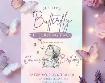 Invitación de cumpleaños de mariposa para niña | Plantilla digital editable | Invitación animada para WhatsApp | Nuestra pequeña mariposa | Magic Drops Studio