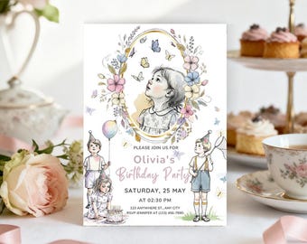 Invitación de cumpleaños vintage con mariposas | Invitación infantil con acuarela | Plantilla digital y animada editable | Descarga instantánea