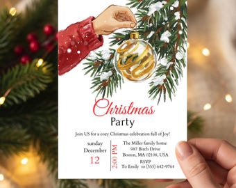 Invitación para fiesta de Navidad + Invitación para evento navideño + Estilo acuarela pintada a mano + Plantilla editable en Canva