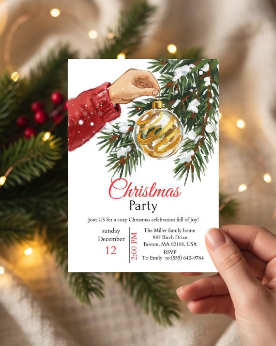 Christmas Party Invitation + Holiday Event Invite + Hand-Painted Watercolor Style + Canva Editable Template