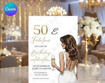 Invitación dorada para el 50 cumpleaños | Plantilla editable de Canva | Invitación elegante para mujer | Formato digital + MP4 para móvil | Magic Drops Studio