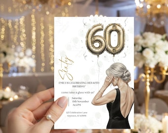 Elegante invitación para 60 cumpleaños | Globos dorados, editable digitalmente, tamaño A6 y para teléfono | Vestido para mujer madura | Magic Drops Studio