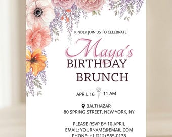 Plantilla de invitación para brunch de cumpleaños floral, invitación editable en acuarela, elegante invitación de cumpleaños en rosa empolvado, invitación imprimible y para WhatsApp.