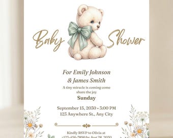 Plantilla de invitación para baby shower, osito de peluche con lazo verde salvia, invitación bohemia neutra para baby shower, imprimible en formato A6 e invitación digital.