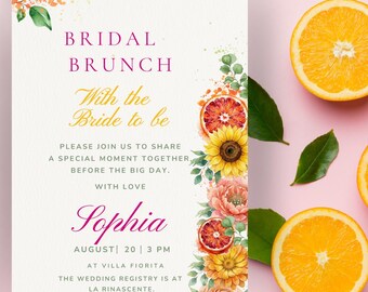Plantilla de invitación para brunch nupcial, invitación para despedida de soltera con diseño floral cítrico, plantilla editable de Canva, invitación para boda de verano, imprimible en A6 y