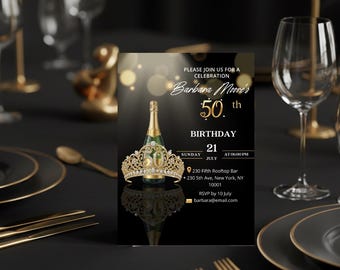 Invitación de cumpleaños número 50 dorada, invitación de lujo editable con mapa y confirmación de asistencia, plantilla digital para WhatsApp e impresión, temática de cumpleaños con champán.