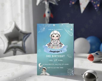 Paquete de invitaciones de cumpleaños de astronauta (A6) | Plantilla digital editable + invitación vertical para WhatsApp | Lindo bebé espacial, estrellas y cohete