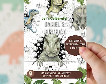 Invitación de cumpleaños de dinosaurios para imprimir, invitación de cumpleaños de T-Rex, plantilla editable
