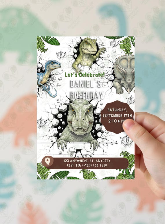 Dinosaur Birthday Invitation Printable, T-Rex Birthday Invite, Editable Template