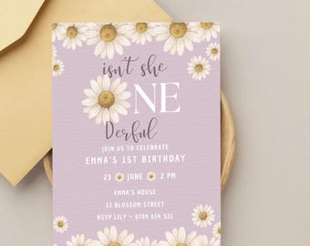 Invitación de primer cumpleaños de Daisy, invitación para niña maravillosa, cumpleaños floral estilo cottagecore, invitación editable para bebé niña