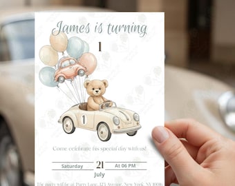 Invitación de cumpleaños con osito de peluche y coche • Fiesta vintage para bebé niño • Invitación digital editable