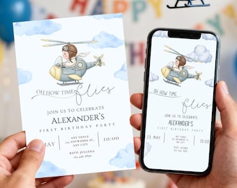 Invitación de cumpleaños editable con helicóptero | Tema de aviador | Primer cumpleaños de niño | Plantilla digital | Edita con Canva