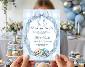 Invitación para baby shower con osito de peluche azul | Invitación para niño (imprimible y digital) | Plantilla editable estilo coqueta A6