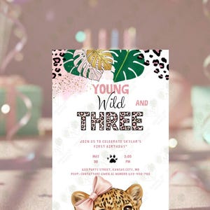 Young Wild and Three Birthday Invitation Canva Template, Girl 3rd Birthday Invite,Pink Leopard Safari Jungle Theme, Digital Smartphone Evite