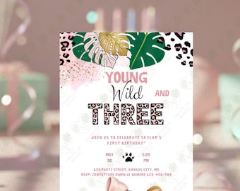 Plantilla de Canva para invitación de cumpleaños juvenil y juvenil, invitación para el tercer cumpleaños de una niña, temática de safari con leopardo rosa, digital para smartphones.