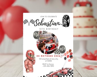 Invitación de cumpleaños de carreras (A6) | Plantilla digital editable + invitación vertical para WhatsApp | Foto + banderas a cuadros