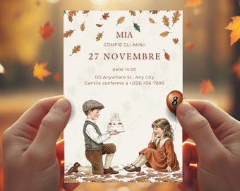 Invitación de cumpleaños de otoño editable | Invitación infantil vintage | Plantilla de Canva con acuarela dibujada a mano | Invitación digital para WhatsApp