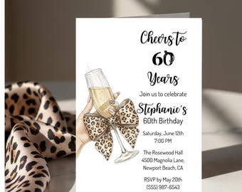 Elegante invitación de leopardo para 60 cumpleaños, plantilla editable de Canva, invitación digital A6, WhatsApp/correo electrónico virtual