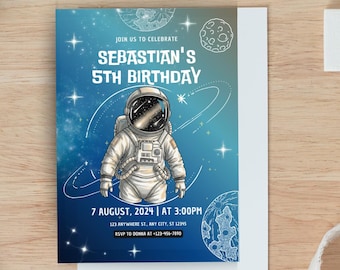 Invitación de cumpleaños de astronauta virtual vertical, digital, imprimible, A6 y animada | Tema del espacio y los planetas para niños