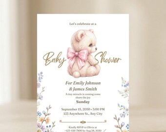 Invitación para baby shower con osito de peluche y lazo rosa, invitación para baby shower de niña, plantilla editable de Canva, diseño floral A6 imprimible.