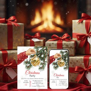 May include: A festive Christmas scene featuring wrapped gifts with red ribbons, a fireplace, and invitations. The invitations and a smartphone display a Christmas party design with a hand holding a golden ornament.
