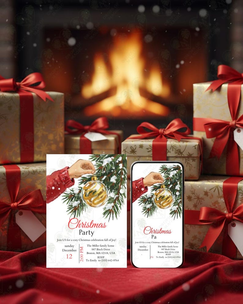 May include: A festive Christmas scene featuring wrapped gifts with red ribbons, a fireplace, and invitations. The invitations and a smartphone display a Christmas party design with a hand holding a golden ornament.