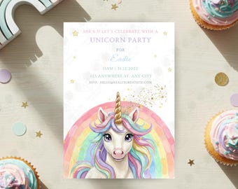 Invitación de cumpleaños de unicornio | Plantilla editable arcoíris pastel | Invitación mágica y adorable en Canva para fiesta de niñas | Magic Drops Studio