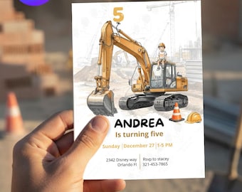 Invitación de cumpleaños con temática de construcción • Invitación editable para fiesta de niños • Plantilla de cumpleaños de excavadora • Magic Drops Studio