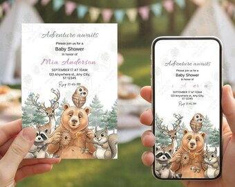 Invitación para Baby Shower con temática de bosque • Animales del bosque • Plantilla editable • Oso, ciervo, búho, mapache • Tema: ¡La aventura te espera!