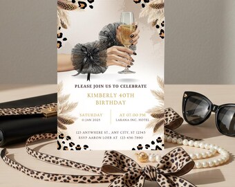 Invitación de 40 cumpleaños con estampado de leopardo de lujo - Puños elegantes de tul negro - Fiesta estilo Vogue - Imprimible y digital WhatsApp - Editorial MagicDropsSt