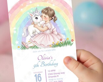 Invitación de cumpleaños de unicornio • Invitación editable en acuarela pastel • Fiesta de unicornio y niña • Incluye versión para imprimir y para celular