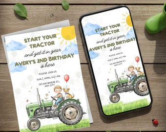 Invitación de cumpleaños con tractor (A6 + WhatsApp) | Plantilla digital editable | Lindo niño de granja y tractor verde