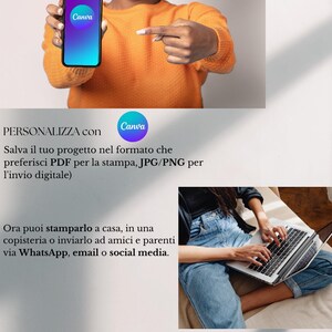 Pu&ograve; includere: Una persona con un maglione arancione tiene in mano uno smartphone che mostra il logo Canva. L'immagine include testo in italiano, che promuove la personalizzazione e la condivisione di progetti tramite PDF, JPG/PNG, WhatsApp, e-mail e social media.