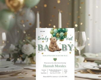 Invitación para baby shower de Bearly Waiting: Oso verde, Canva editable, invitación digital A6, WhatsApp e imprimible