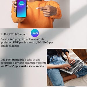 Puede incluir: Una persona con un su&eacute;ter naranja sostiene un tel&eacute;fono inteligente que muestra el logotipo de Canva. La imagen incluye texto en italiano, que promueve el uso de Canva para proyectos de dise&ntilde;o, con opciones para imprimir o compartir digitalmente.