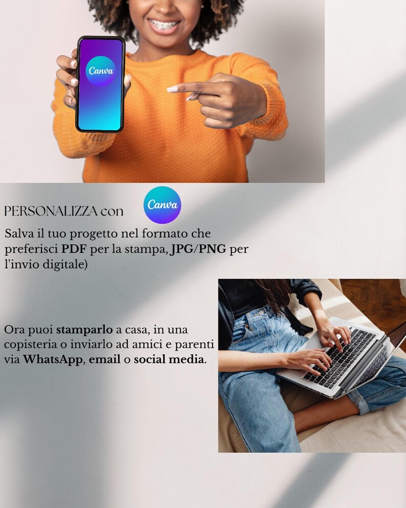 Puede incluir: Una persona con un su&eacute;ter naranja sostiene un tel&eacute;fono inteligente que muestra el logotipo de Canva. La imagen incluye texto en italiano, que promueve el uso de Canva para proyectos de dise&ntilde;o, con opciones para imprimir o compartir digitalmente.