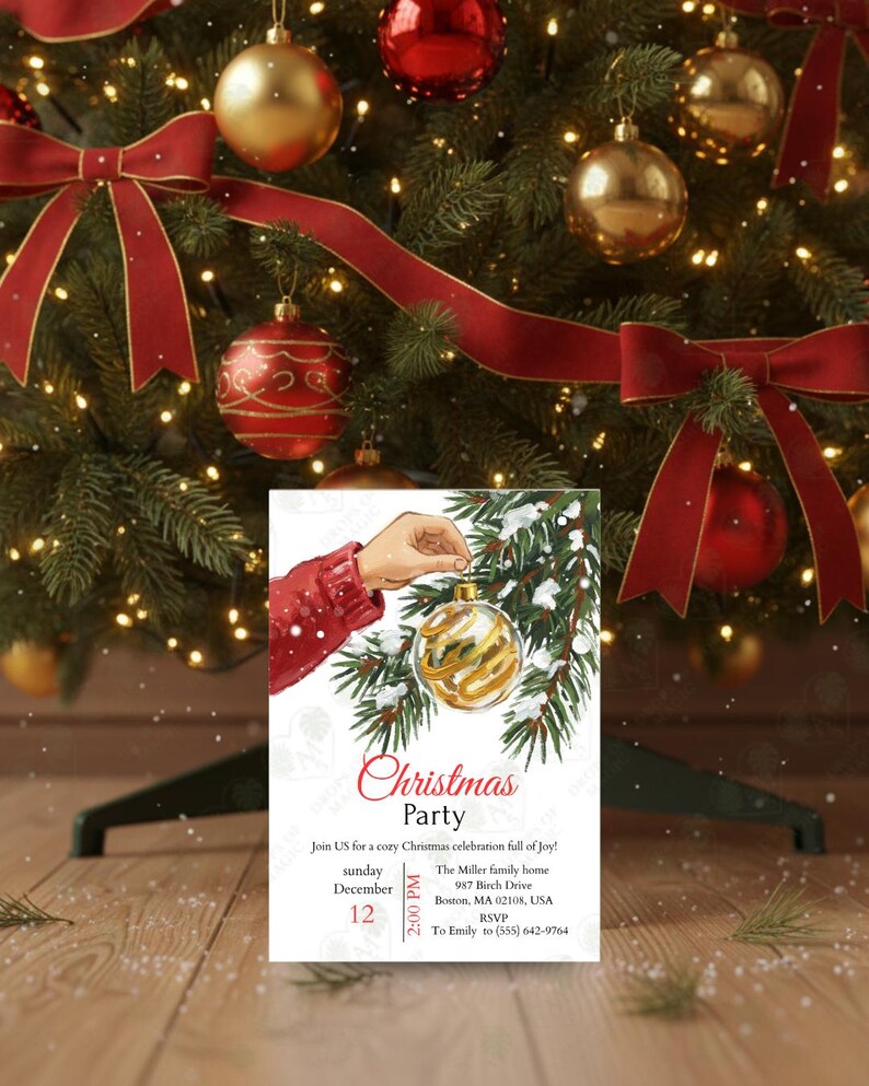 May include: A Christmas party invitation featuring a hand holding a gold and white ornament on a snowy evergreen branch. The invitation text reads "Christmas Party" with event details, set against a backdrop of a decorated Christmas tree with red bows and ornaments.
