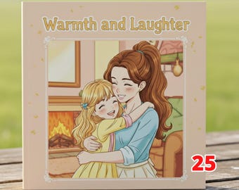 May include: A children's book titled "Warmth and Laughter" with an illustration of a woman hugging a young girl. The cover is light pink with the text in gold. The book has 25 pages.