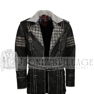 May include: Black leather jacket with a distressed finish, featuring a shearling collar and quilted shoulder detailing. The jacket has multiple straps with buckles and a belt at the waist. The text "JACKETS VILLAGE" is visible.