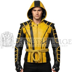 May include: A yellow and black hooded jacket featuring a front zipper, shoulder epaulets, and a yellow rope tied around the waist. The jacket has long sleeves with black and yellow paneling, fingerless gloves, and the text JACKETS VILLAGE.