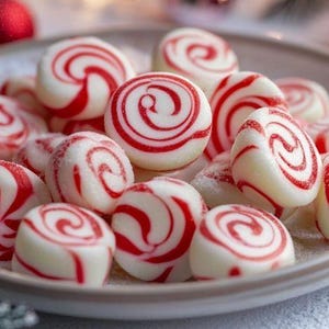 May include: A close-up shot of a plate filled with peppermint candies. The candies are white with red spiral designs. The plate is light brown, and the background includes red Christmas ornaments and soft, blurred lights.