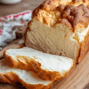 May include: A loaf of freshly baked bread, partially sliced, rests on a wooden cutting board. The bread has a golden-brown crust and a soft, white interior. Two slices are in the foreground, showcasing the bread's texture. The board has a natural, rustic edge.