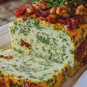 May include: A loaf of food with a light green interior speckled with green herbs, sliced to reveal the texture. The loaf is topped with walnuts, red sun-dried tomatoes, and fresh parsley. The exterior has a yellow-orange coating.